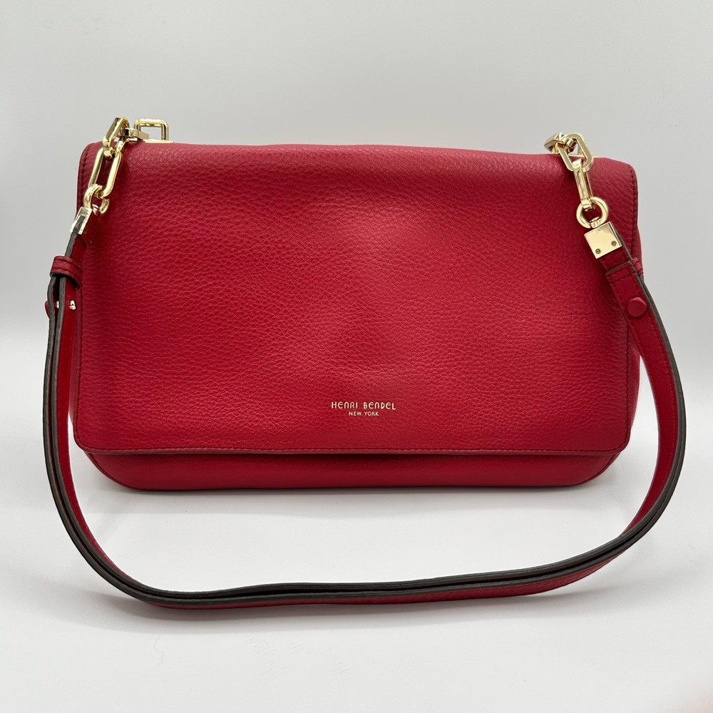 Henri Bendel Rich Red Smooth Pebbled Leather Shoulder Bag Push Lock